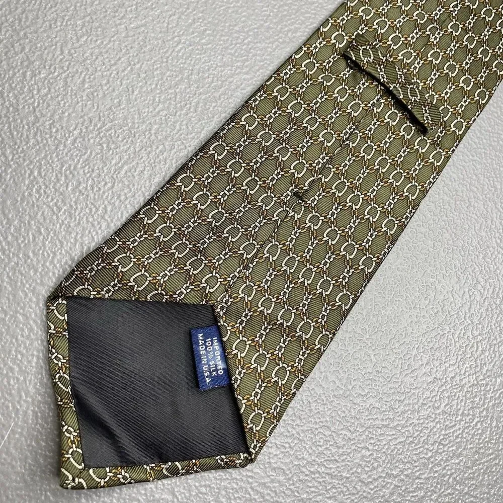 Saks Fifth Avenue Silk Tie Geometric Chain Bridle Motif Vintage Mens Green Gold